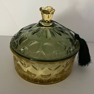 Glass Canister 3 Wick Candle with Lid and Decorative Tassel Yellow and Green